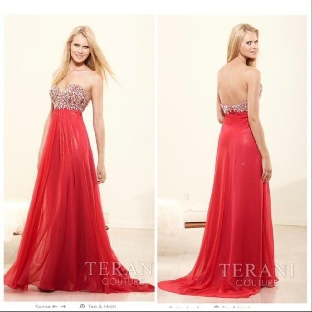 Terani Couture dress strapless 6 red heavily embellished bust chiffon